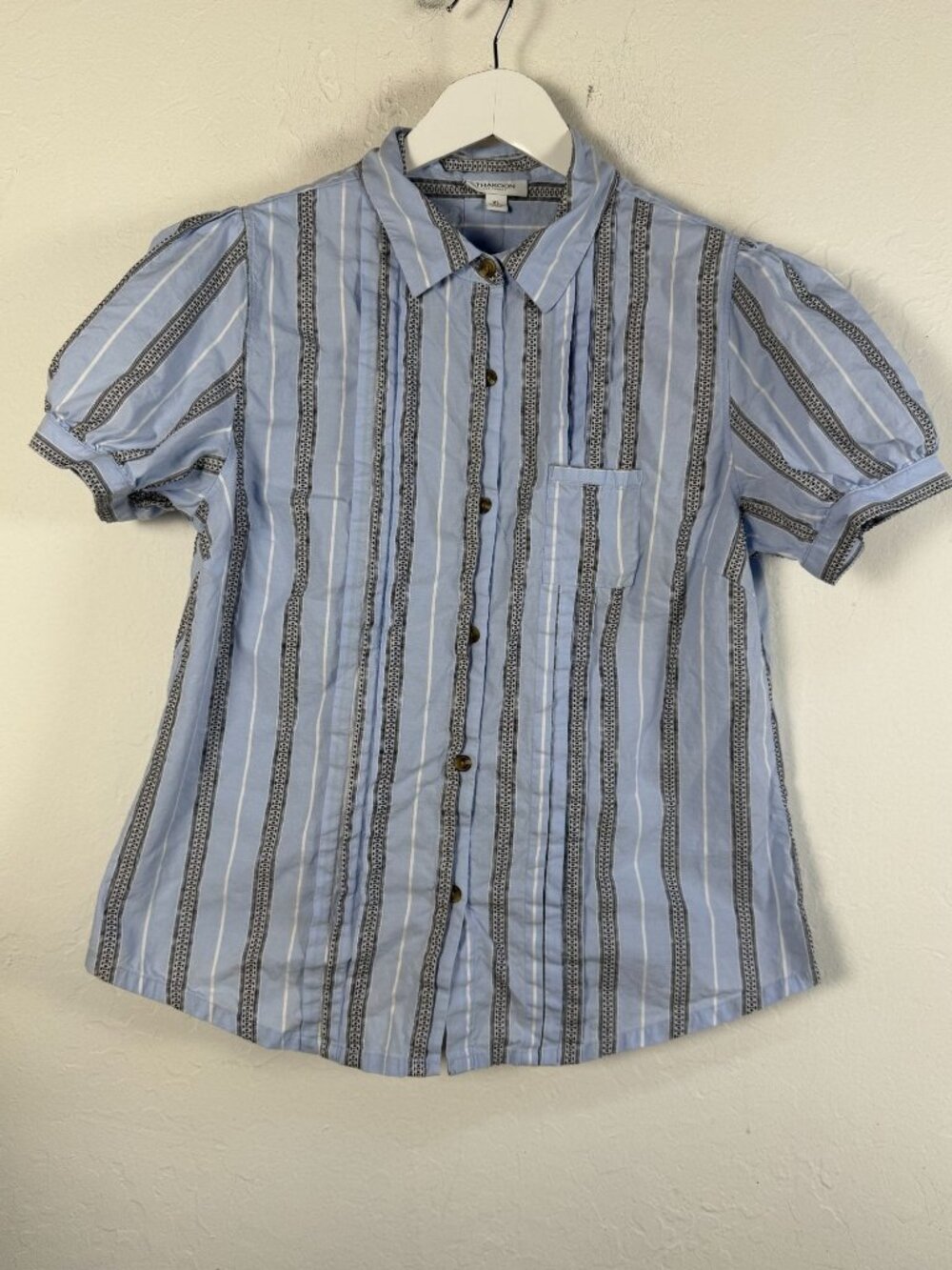 Thakoon for Target Blue Striped Puff Sleeve Button Down Shirt Pintuck Pleat XL